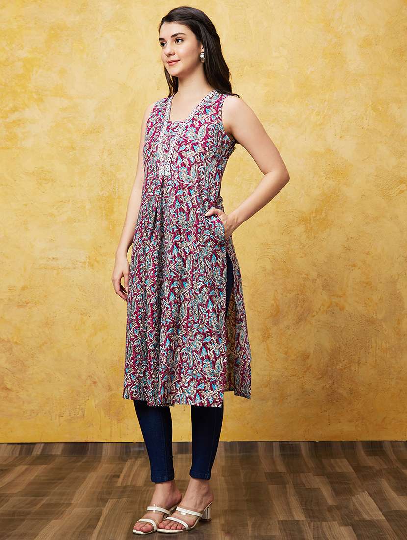 globus women wine allover ethnic motifs flared hem a-line calf length kurta - 21237919 - Standard Image - 2