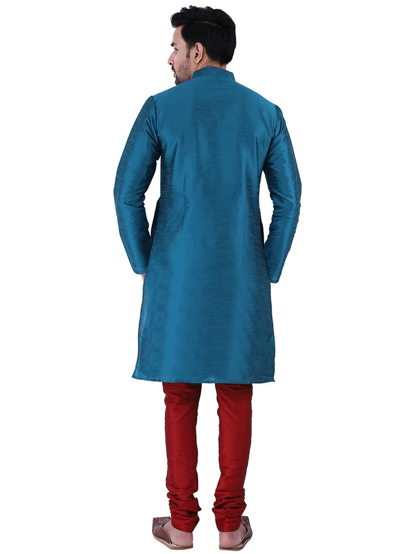 teal blue dupion kurta churidar ethnic wear set - 21238512 - Standard Image - 2