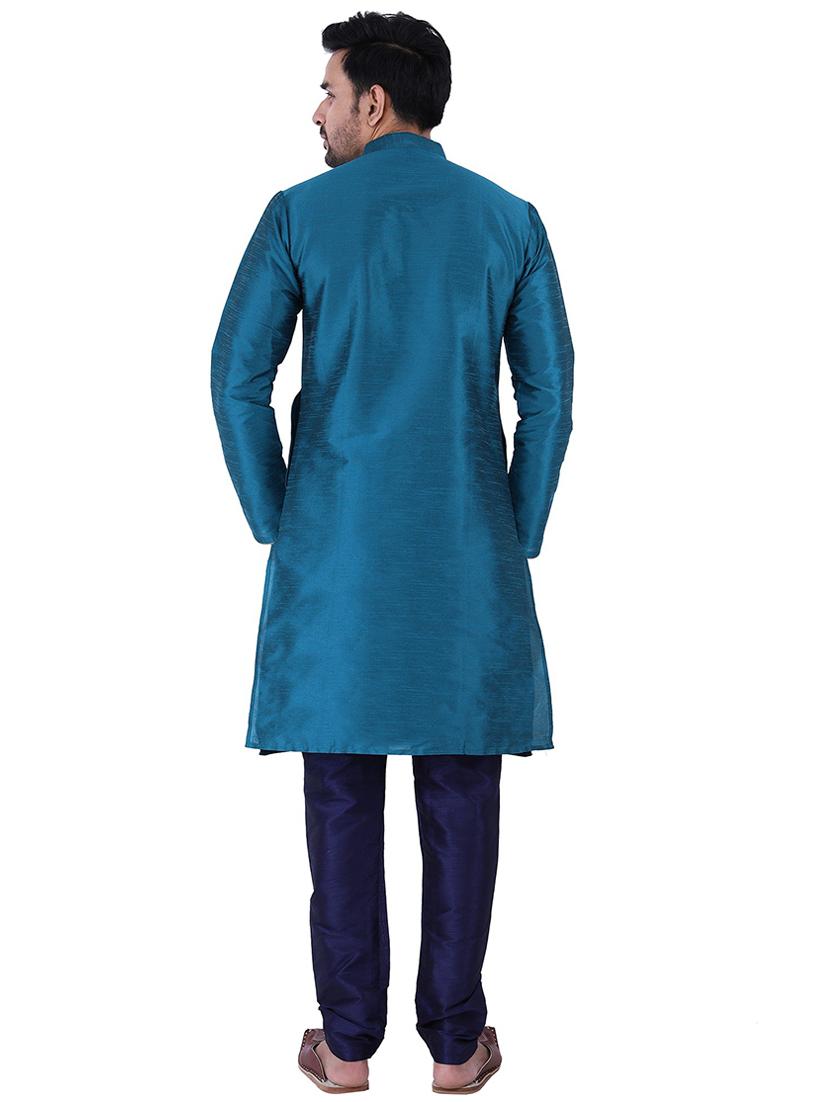 teal blue dupion kurta churidar ethnic wear set - 21238513 - Standard Image - 2
