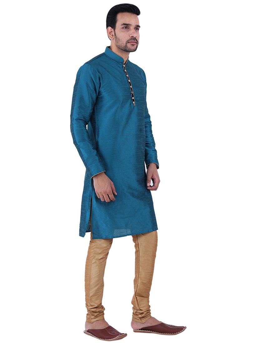 teal blue dupion kurta churidar ethnic wear set - 21238514 - Standard Image - 2