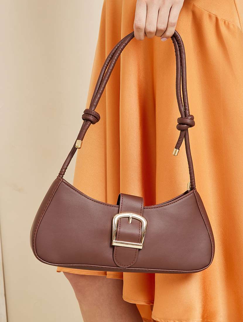 Brown Solid Leather Handbag