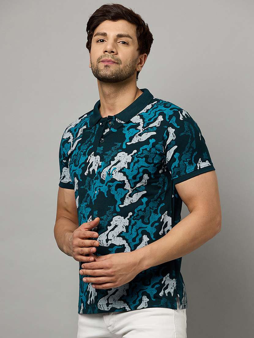 men teal regular fit all over print polo t-shirt