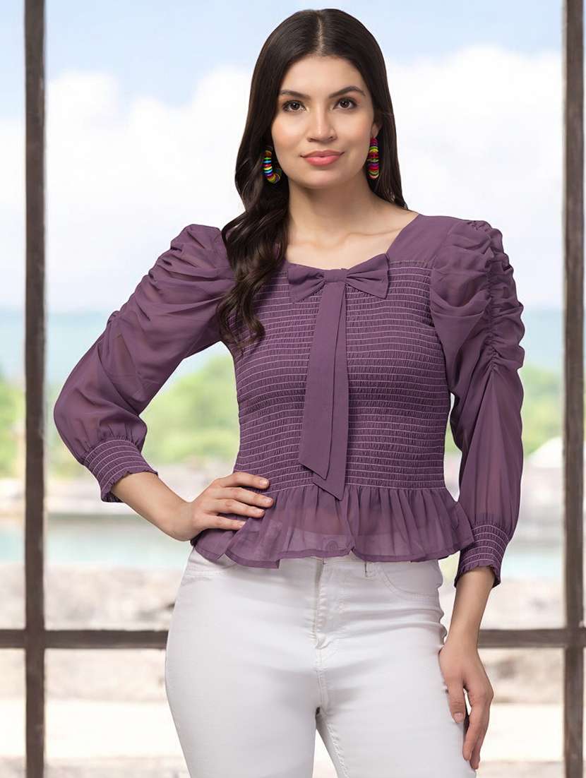 women purple slim fit puff sleeve solid peplum top - 21241249 -  Zoom Image - 0