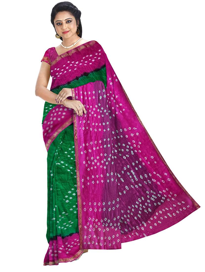 women green bandhani printed saree with blouse