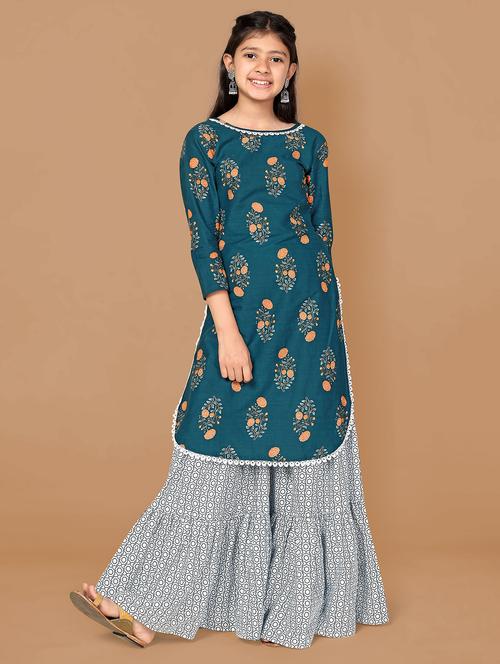 girls teal three quarter sleeve kurta sharara set - 21242650 -  Standard Image - 0