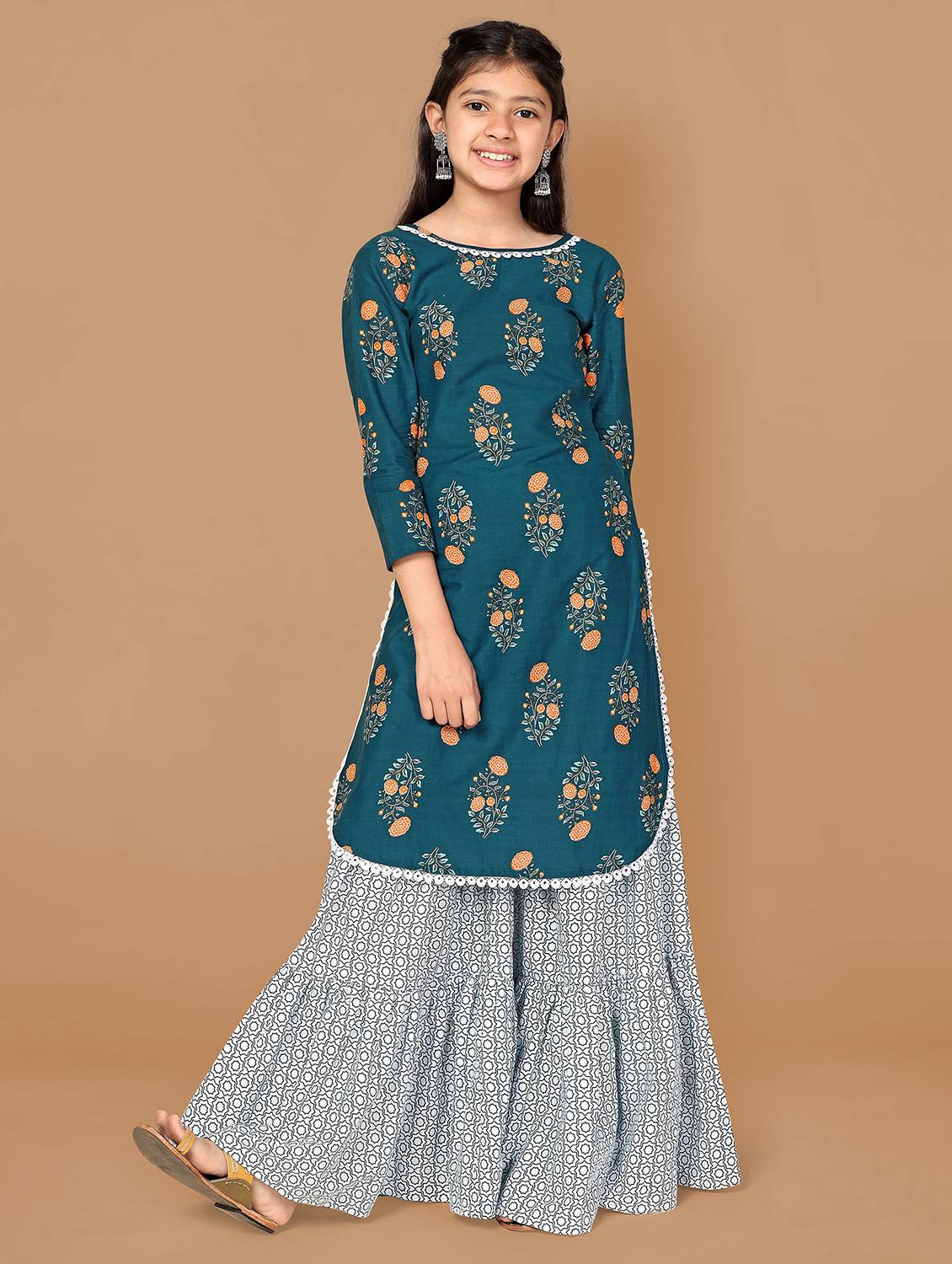 girls teal three quarter sleeve kurta sharara set - 21242650 -  Zoom Image - 0