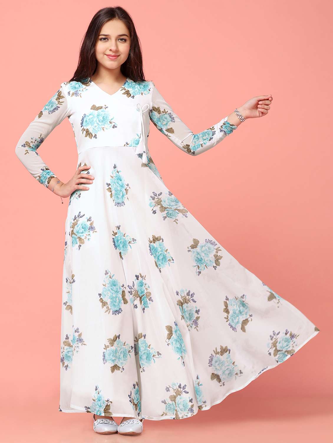 girls floral printed long sleeve party gown