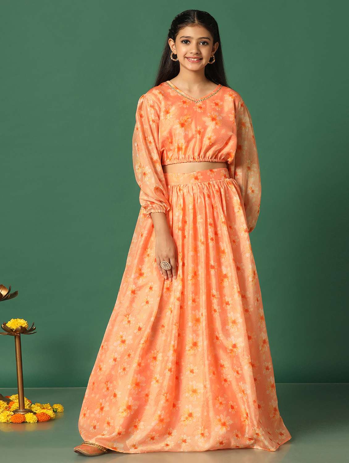 girls orange v neck lehenga choli