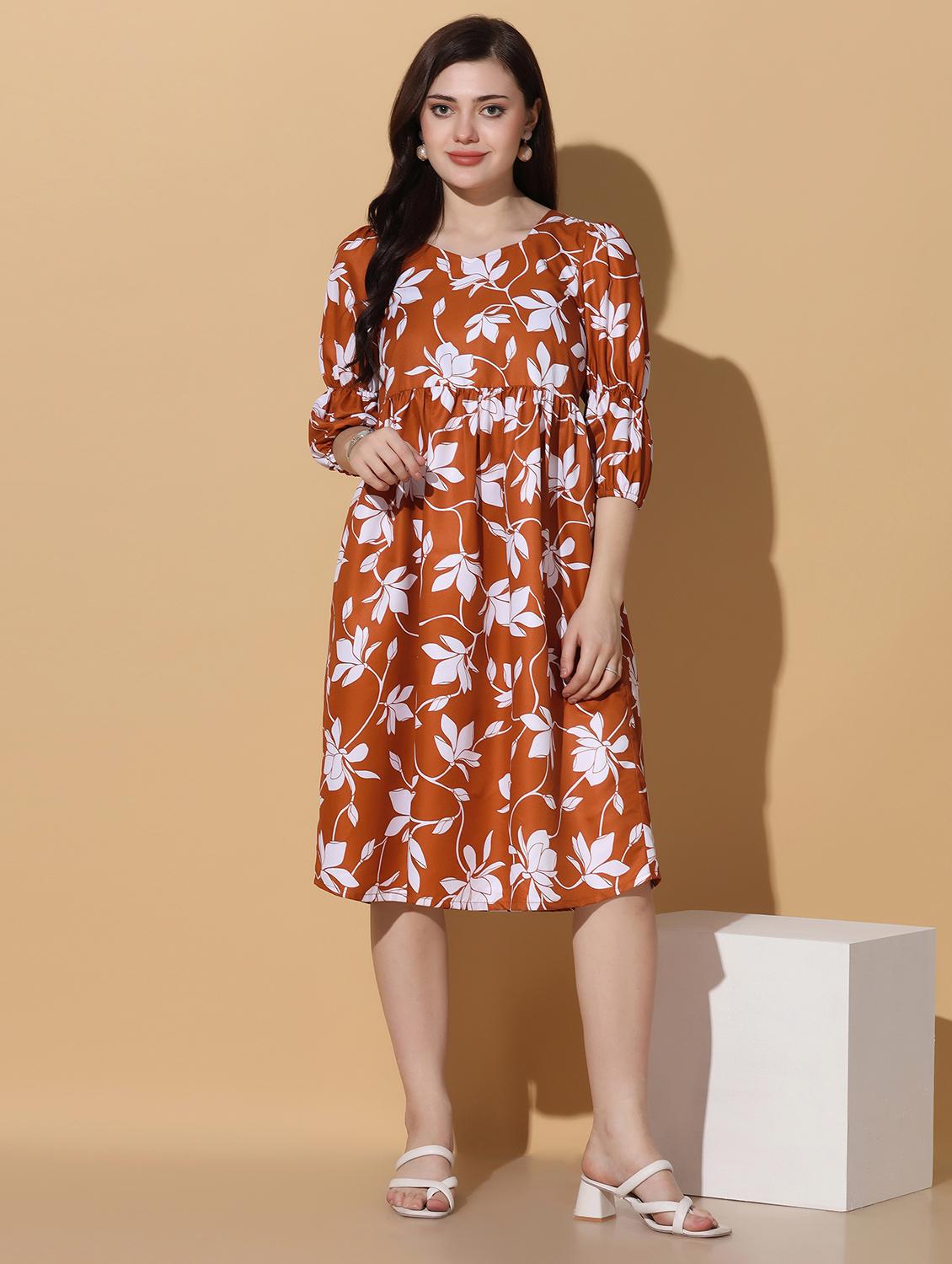brown floral printed a-line dress - 21243731 - Zoom Image - 0