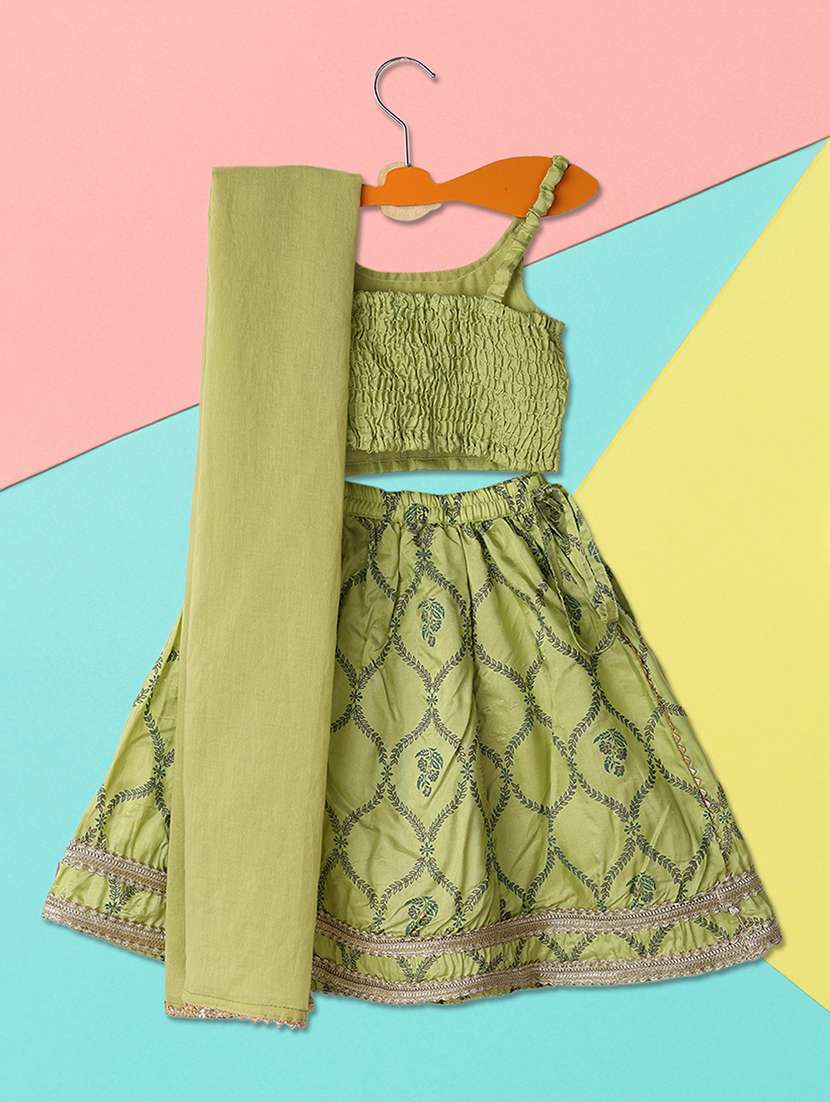 girls green printed lehenga choli with dupatta