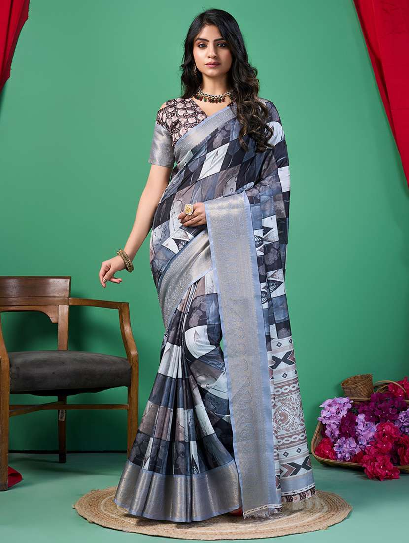 women printed bordered saree with blouse