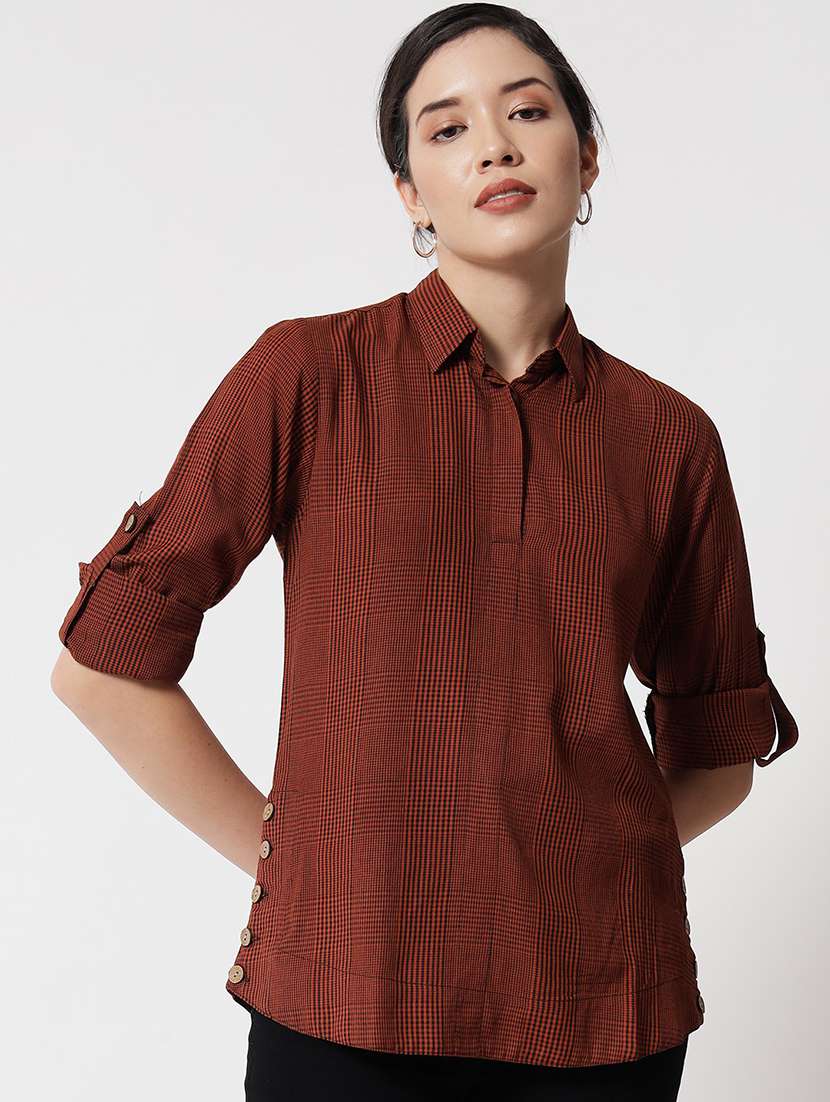 women collared checks regular shirt