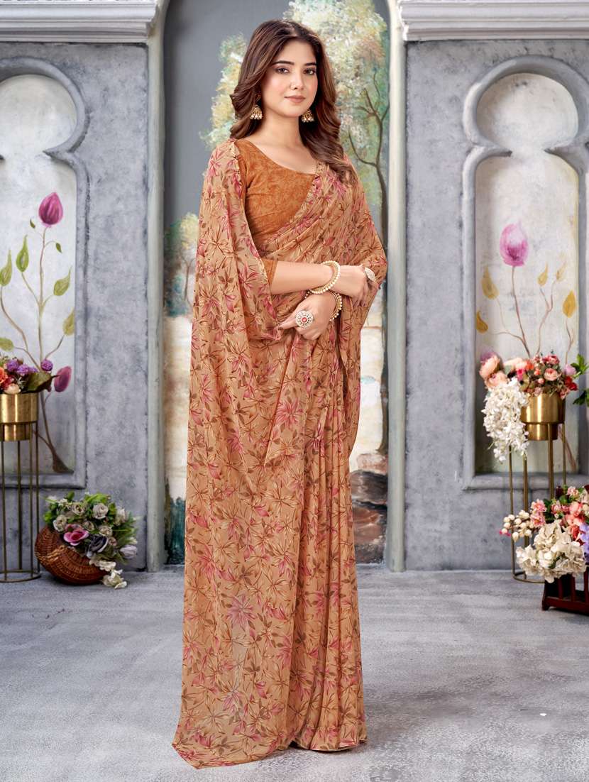 orange floral printed saree with blouse - 21245029 - Zoom Image - 0