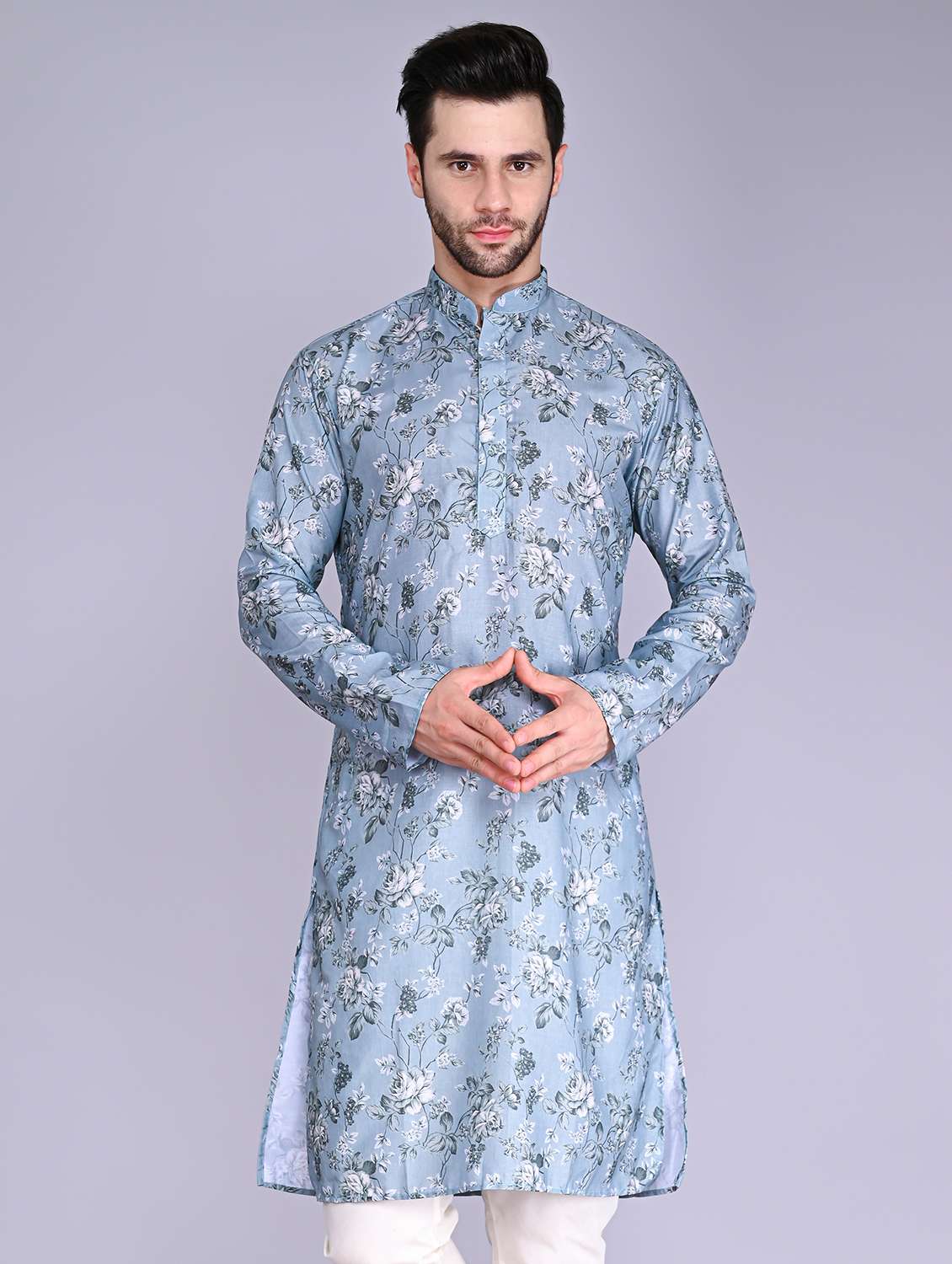 men mandarin neck printed long kurta