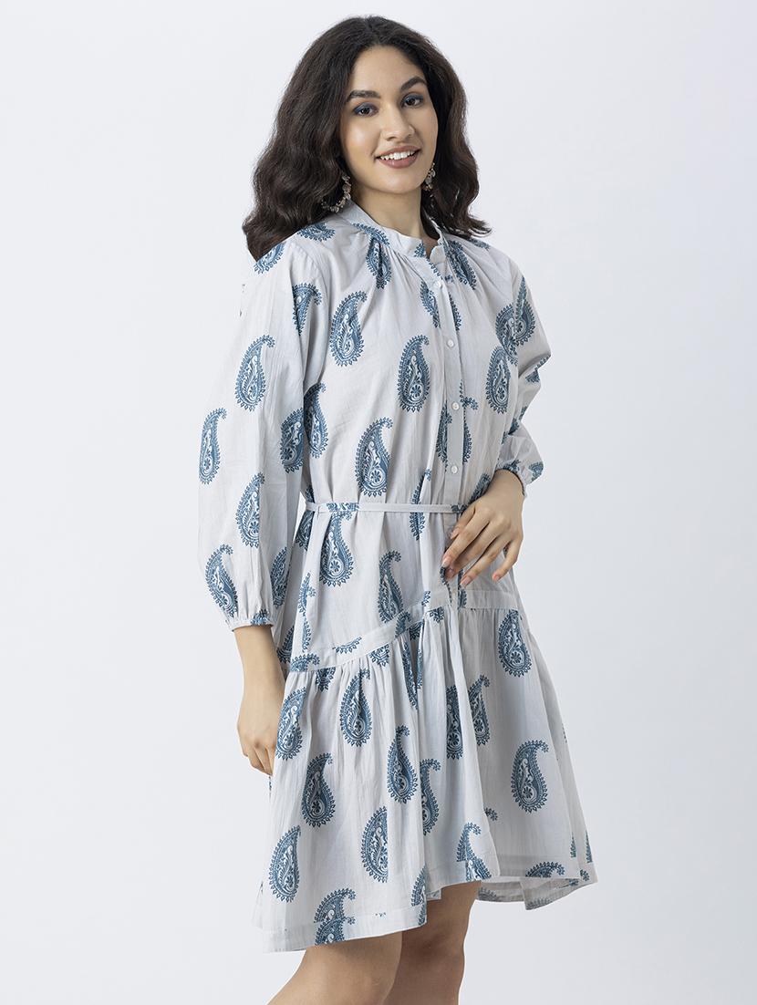women printed mandrain neck dress - 21246924 - Standard Image - 2