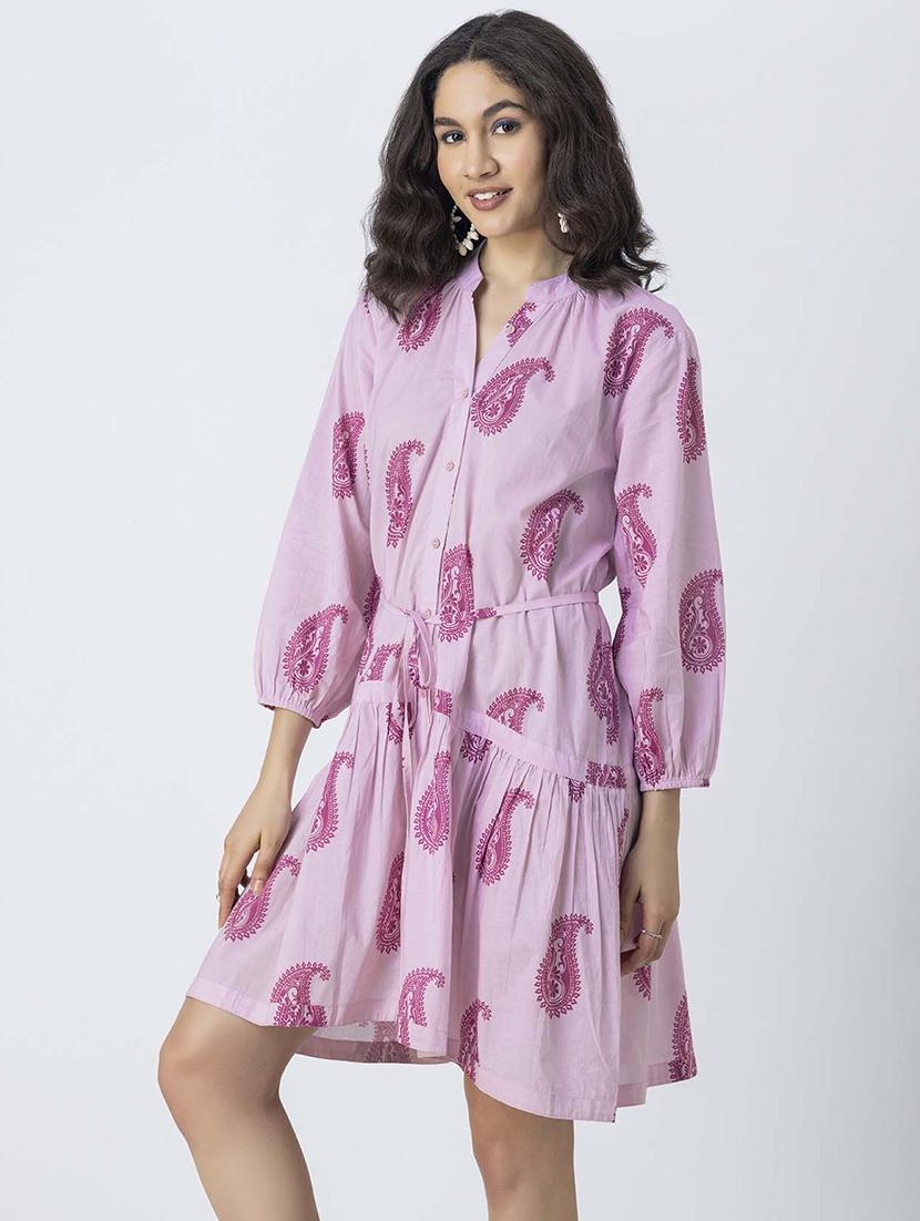 women printed mandrain neck dress - 21246925 - Standard Image - 2