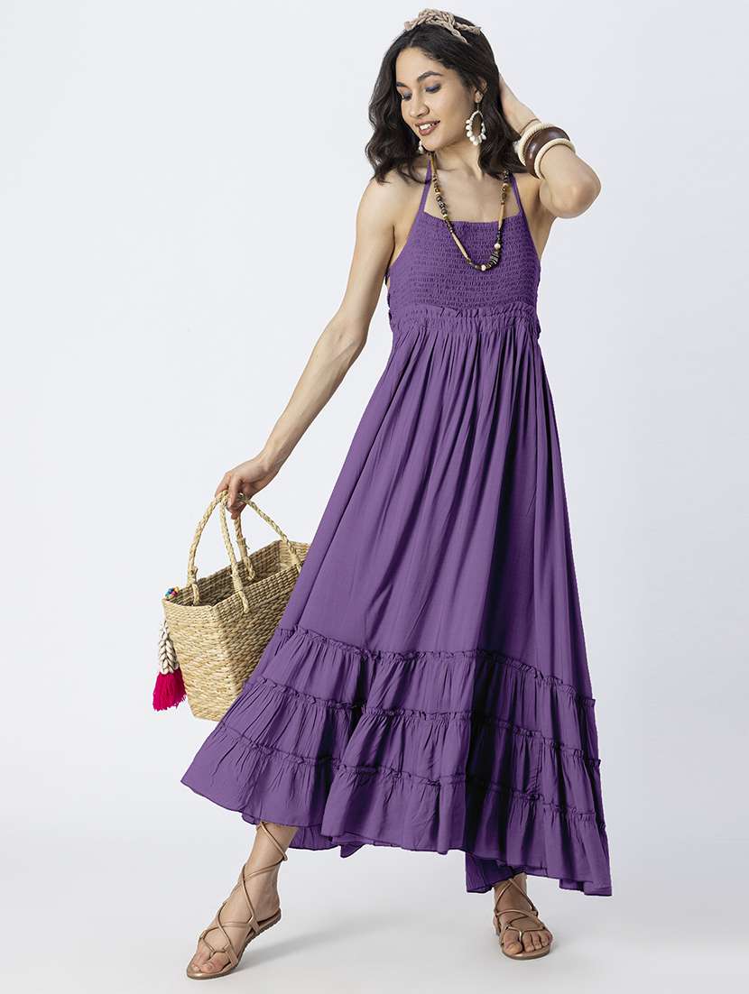 women solid backless tiered dress