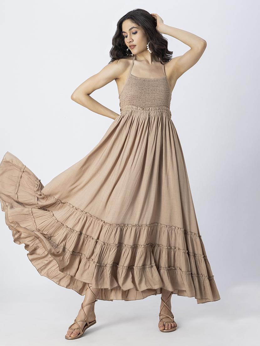 women solid backless tiered dress - 21246940 - Standard Image - 2