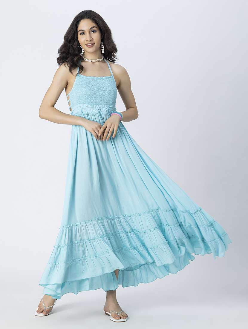 women solid backless tiered dress