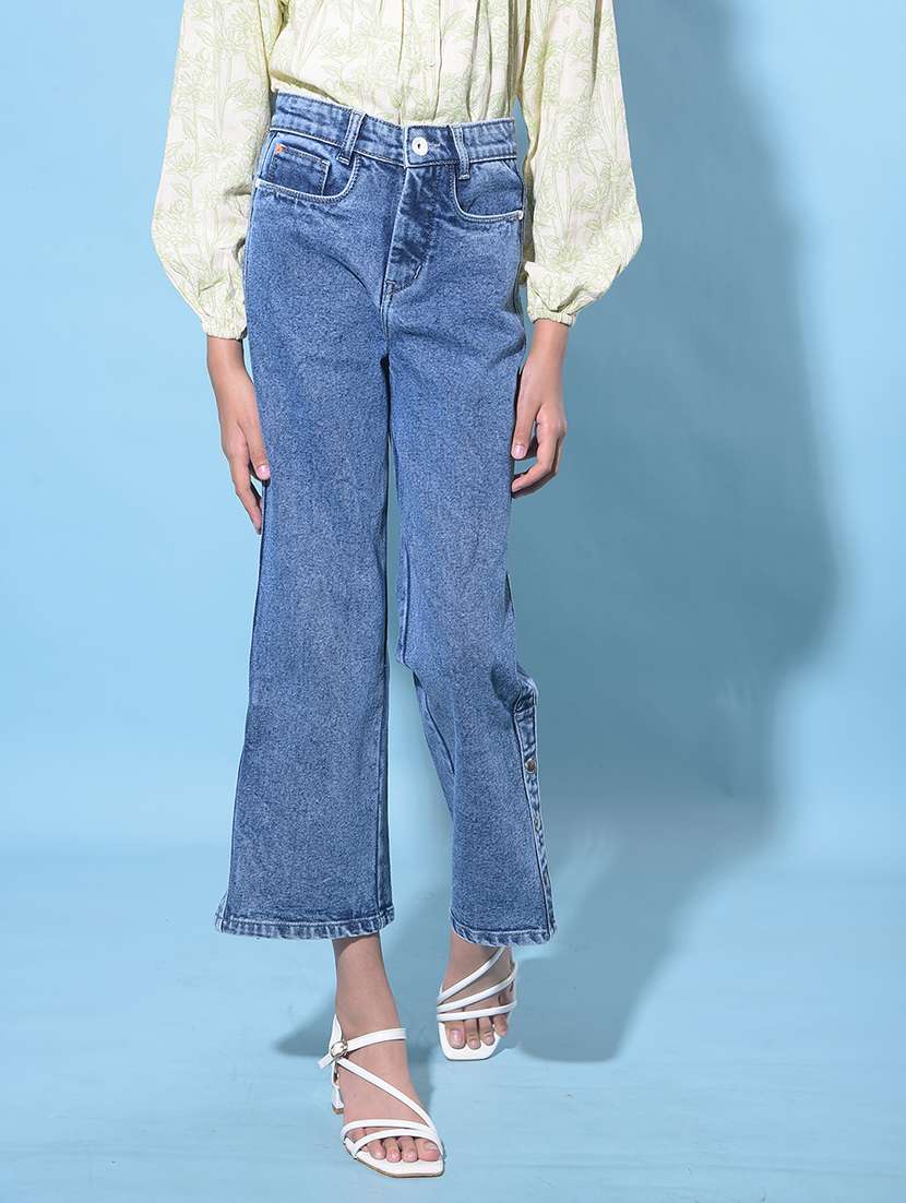 blue cotton blend plain jeans