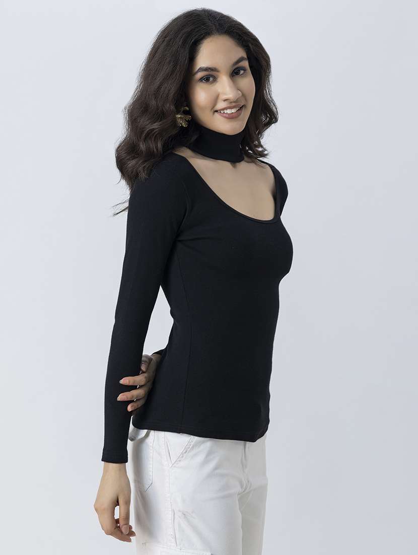 women solid long sleeves choker regular top - 21247403 - Standard Image - 2