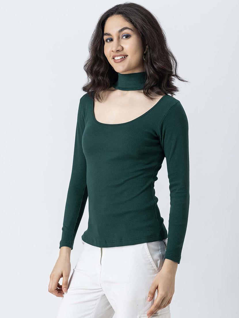 women solid long sleeves choker regular top - 21247404 - Zoom Image - 0