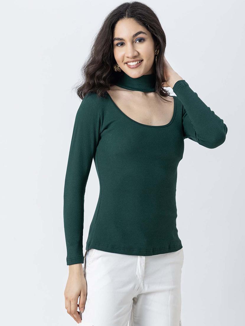 women solid long sleeves choker regular top - 21247404 - Standard Image - 2