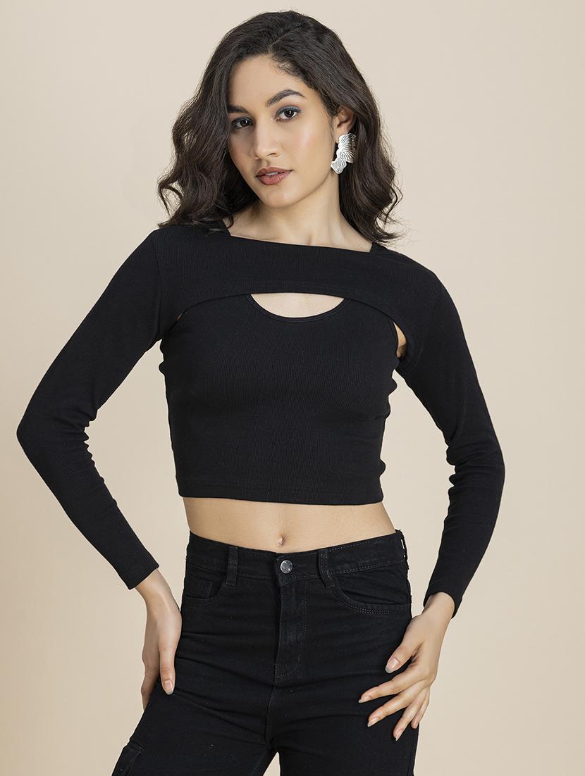 women solid long sleeves crop top - 21247417 - Zoom Image - 0