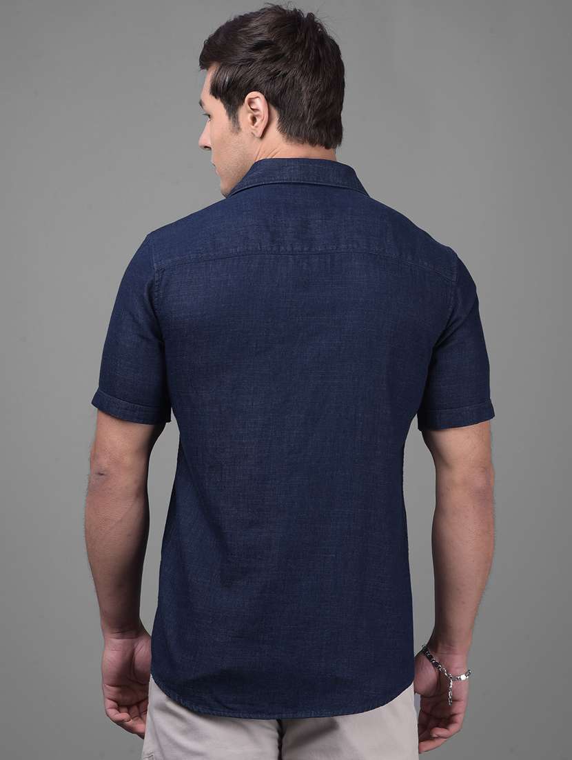 men navy blue slim fit solid short sleeve casual shirt - 21247534 -  Standard Image - 2