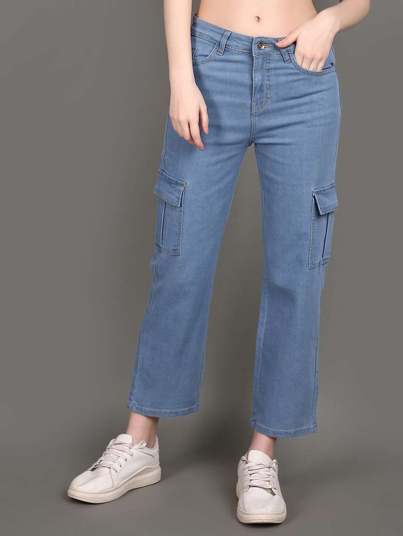 women solid mid rise cargo jeans
