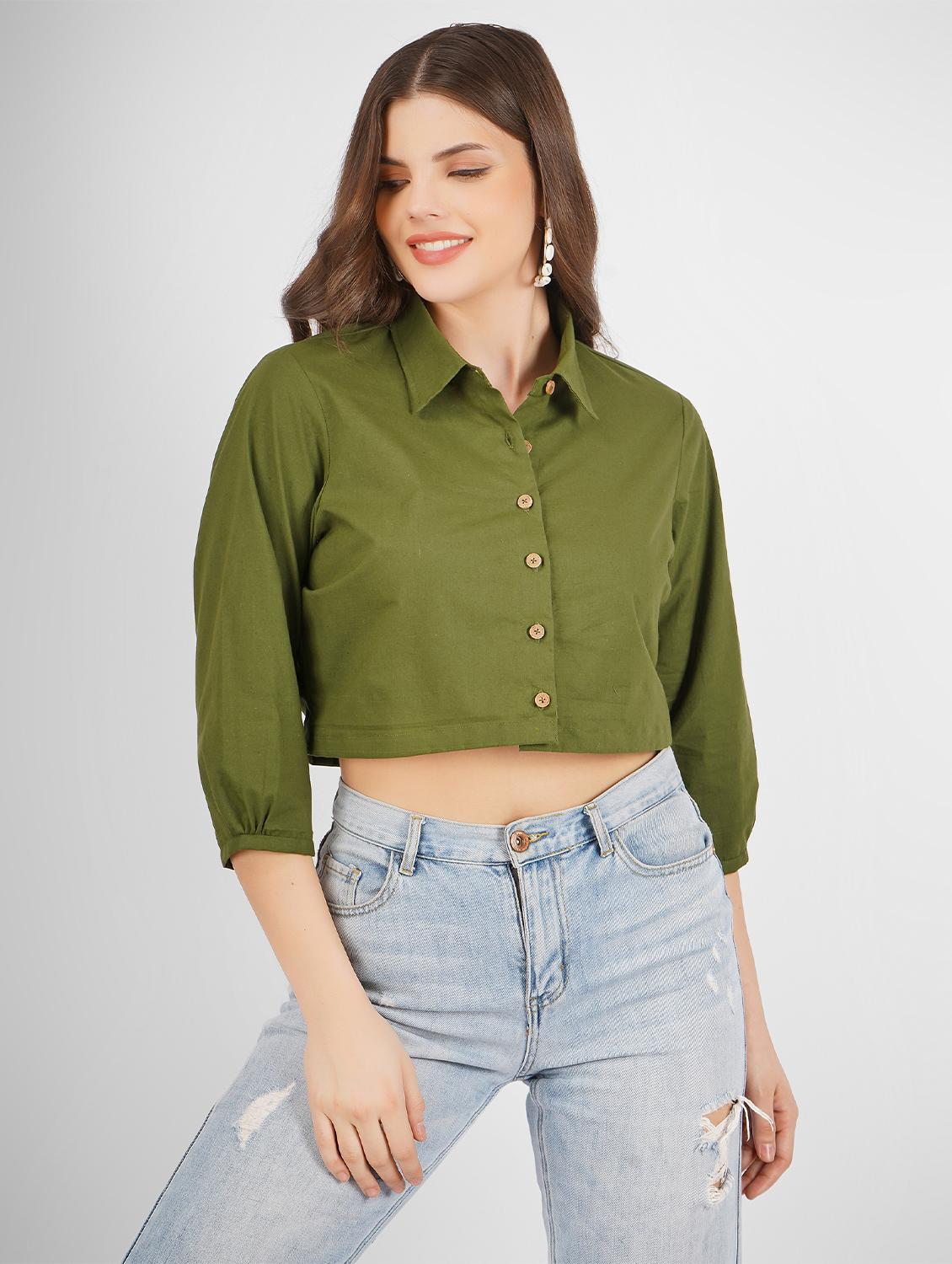 women solid collared crop shirt - 21249027 - Zoom Image - 0