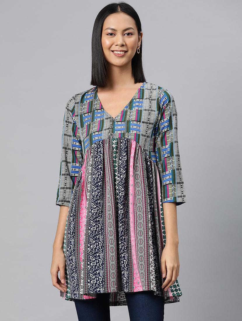 multi coloured v neck flared tunic