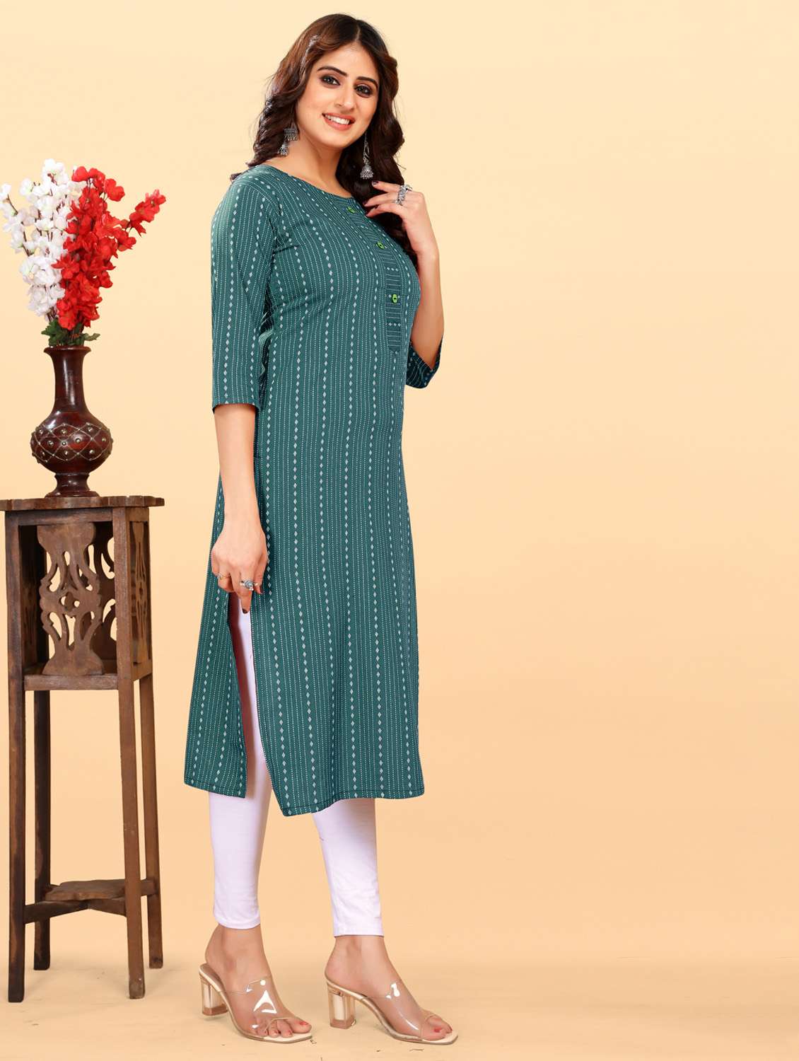 women three quarter sleeve straight kurta - 21252310 -  Standard Image - 2