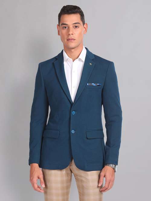 men teal solid single breasted formal blazer - 21252802 - Standard Image - 0