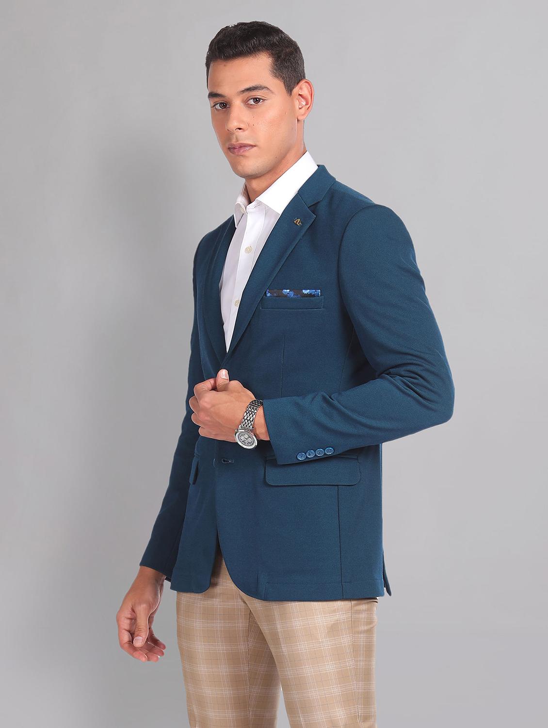 men teal solid single breasted formal blazer - 21252802 - Standard Image - 2