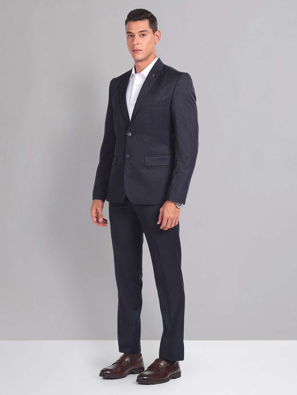 navy blue cotton single breasted suit