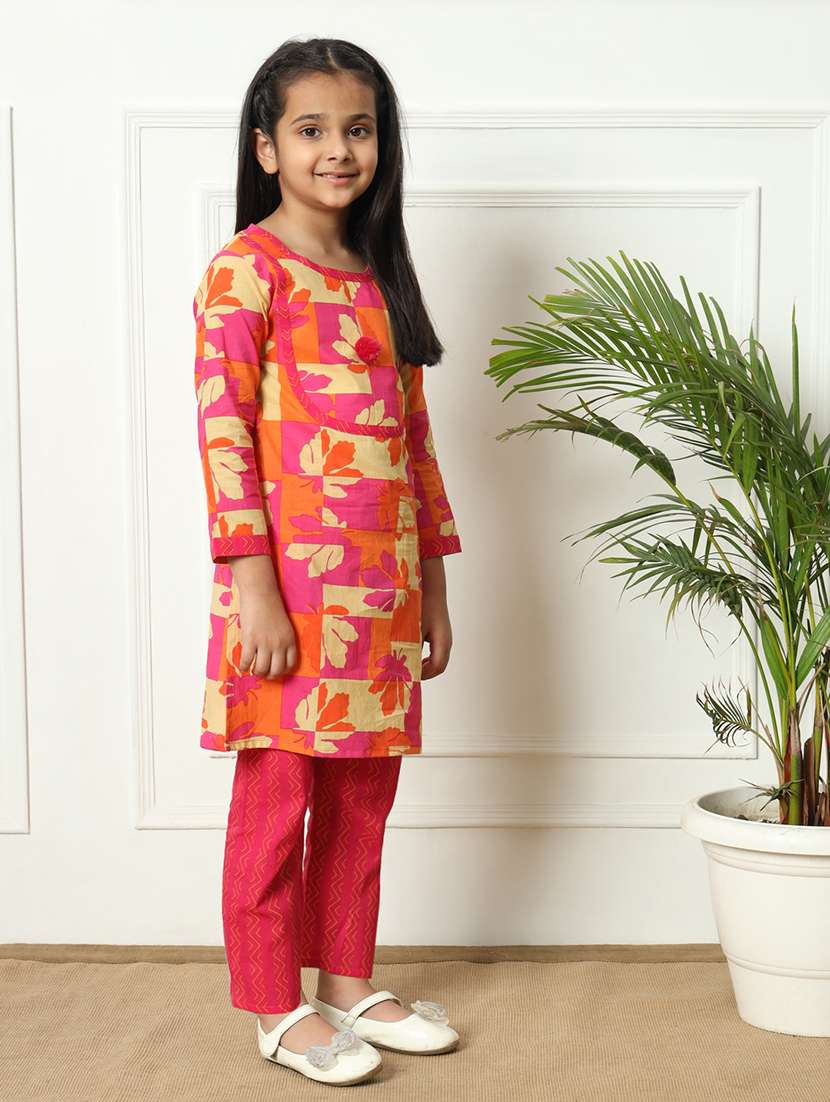 girls printed cotton kurta palazzo suit set - 21254043 - Standard Image - 2