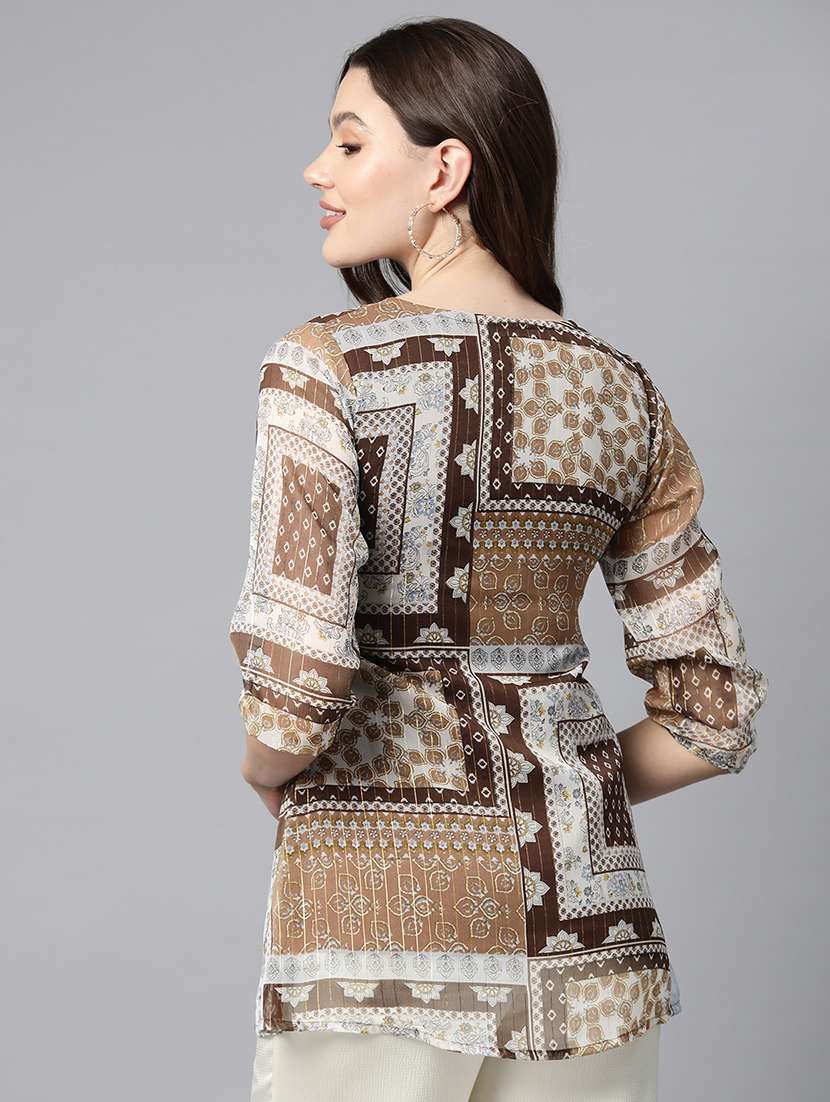 women brown regular fit printed tie up neck top - 21255022 -  Standard Image - 2