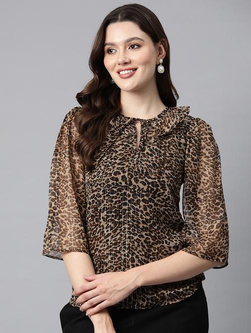 women brown regular fit animal print top with ruffle neck - 21255029 -  Standard Image - 0