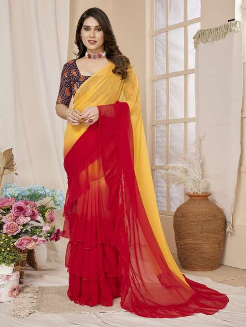 multi colored georgette ruffle saree with blouse - 21255842 -  Standard Image - 0