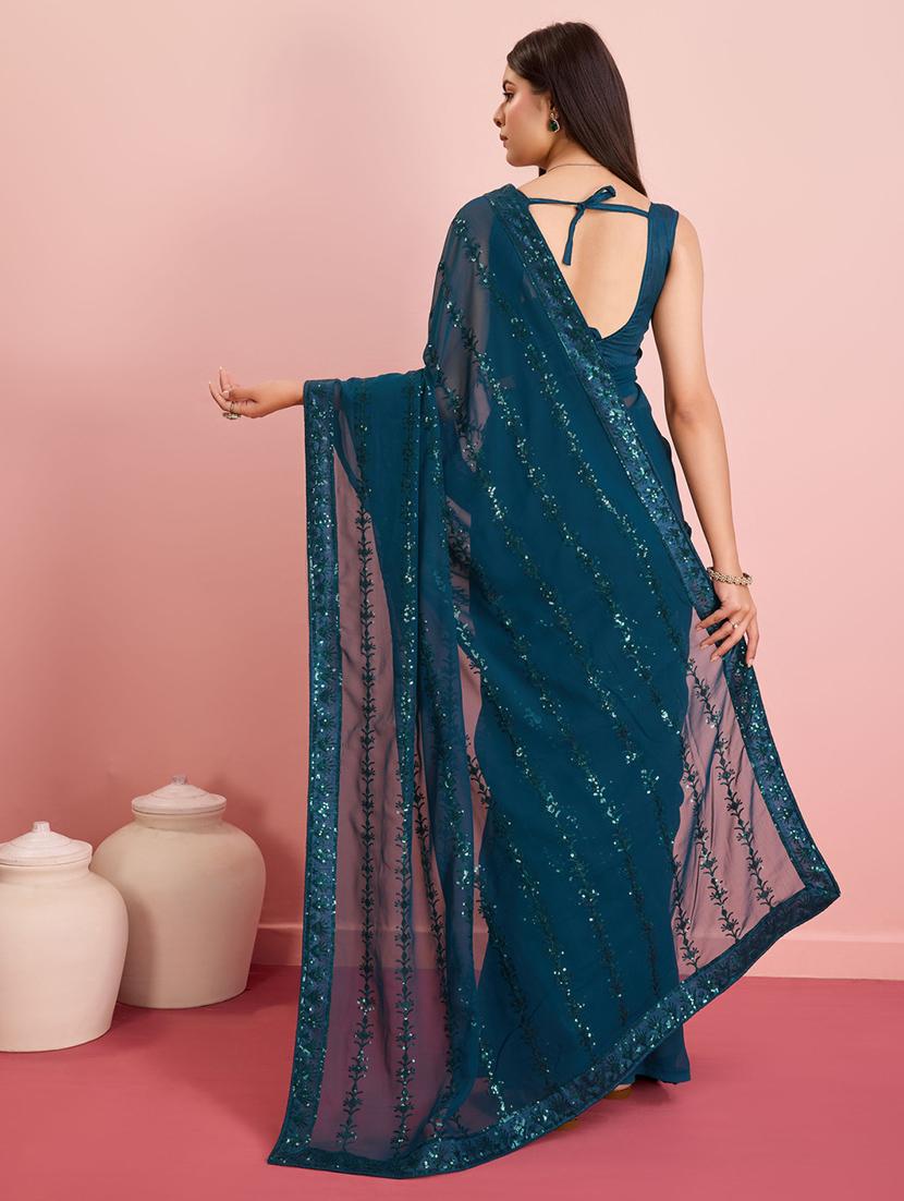 teal sequin embroidered saree with blouse - 21257515 - Standard Image - 2