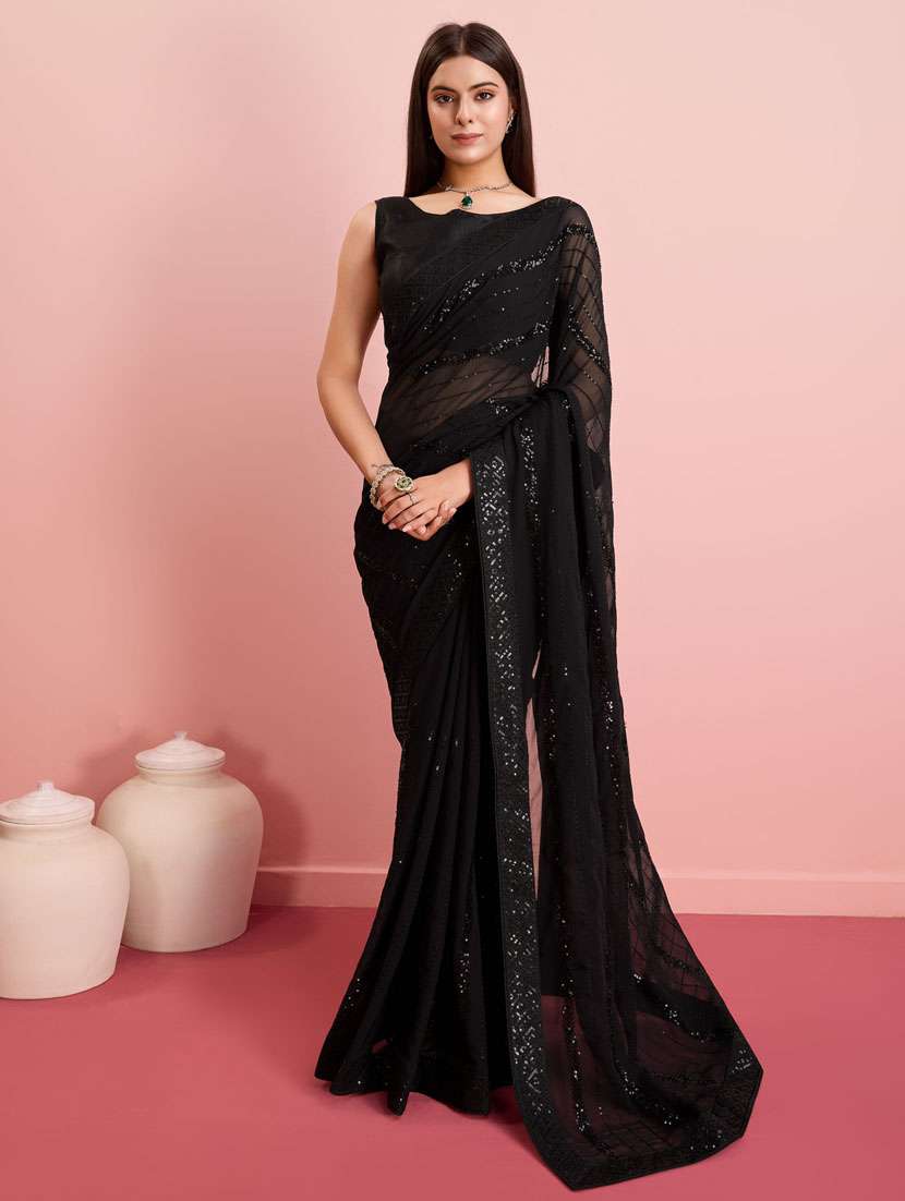 black georgette embroidered saree with blouse