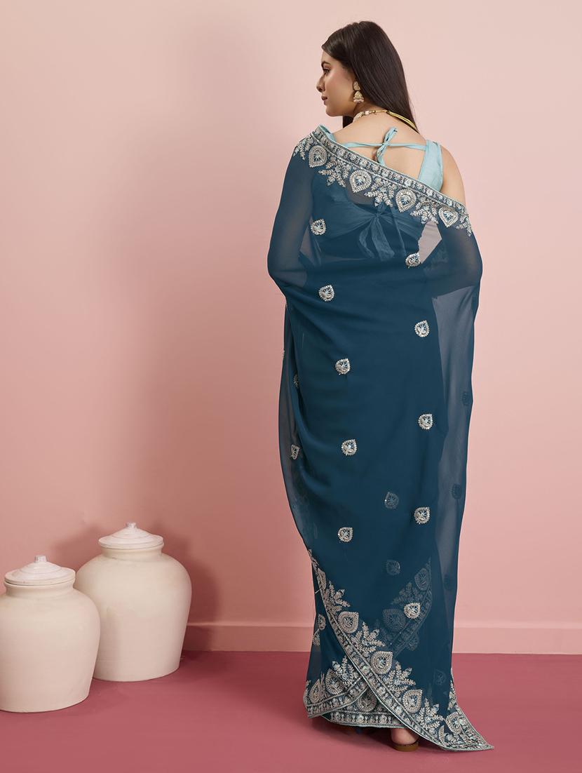 teal georgette embroidered saree with blouse - 21257534 - Standard Image - 2