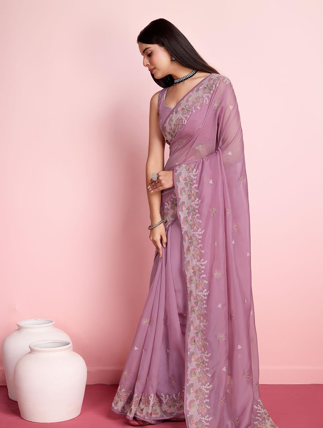 mauve organza embroidered saree with blouse - 21257537 - Standard Image - 2