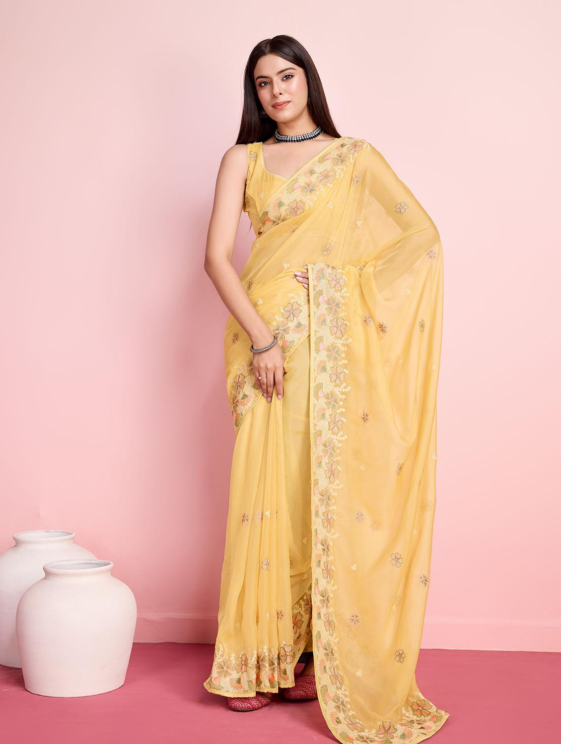 yellow organza embroidered saree with blouse - 21257539 - Standard Image - 2