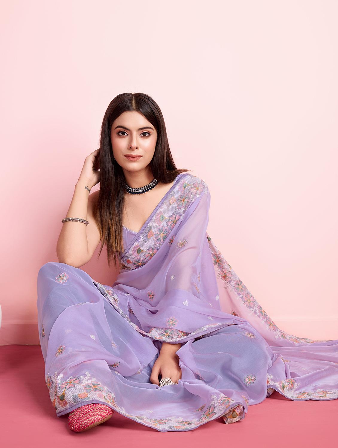 lavender organza embroidered saree with blouse - 21257540 - Standard Image - 2