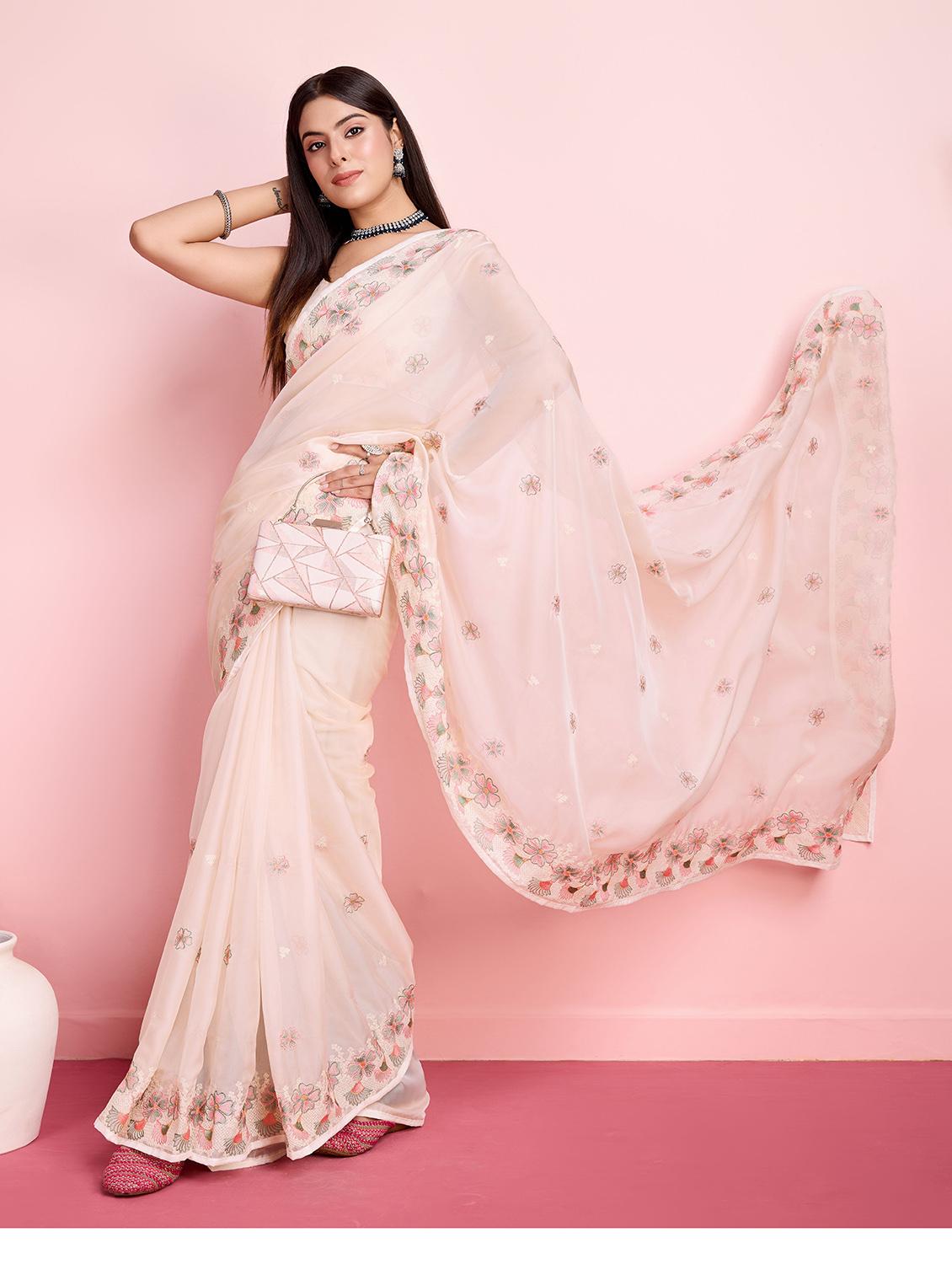 off white organza embroidered saree with blouse - 21257541 - Standard Image - 2