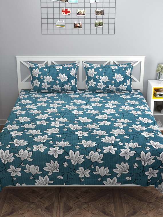 blue printed double bedsheet with pillow covers