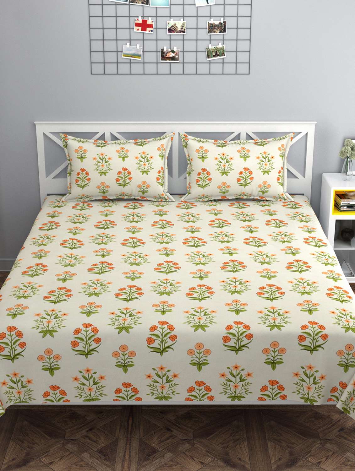 white printed double bedsheet with two pillow covers 