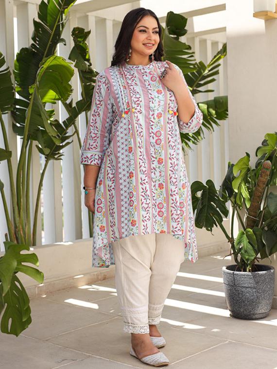 women three quarter sleeve high-low kurta - 21259512 - Standard Image - 2